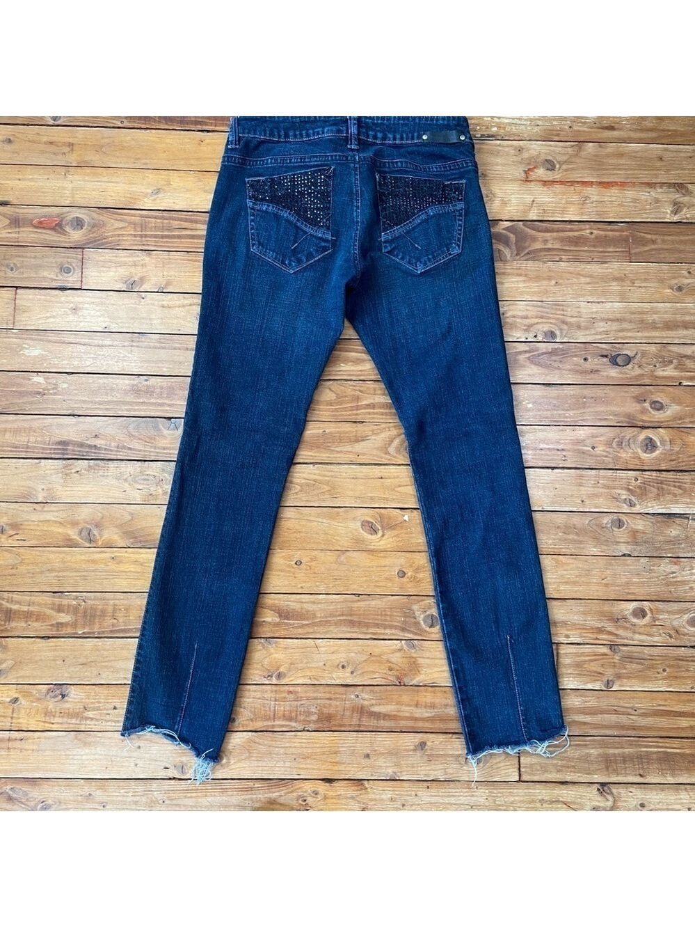 PARASUCO jeans dark blue sequins ripped bottoms size 29 skinny low rise stretchy